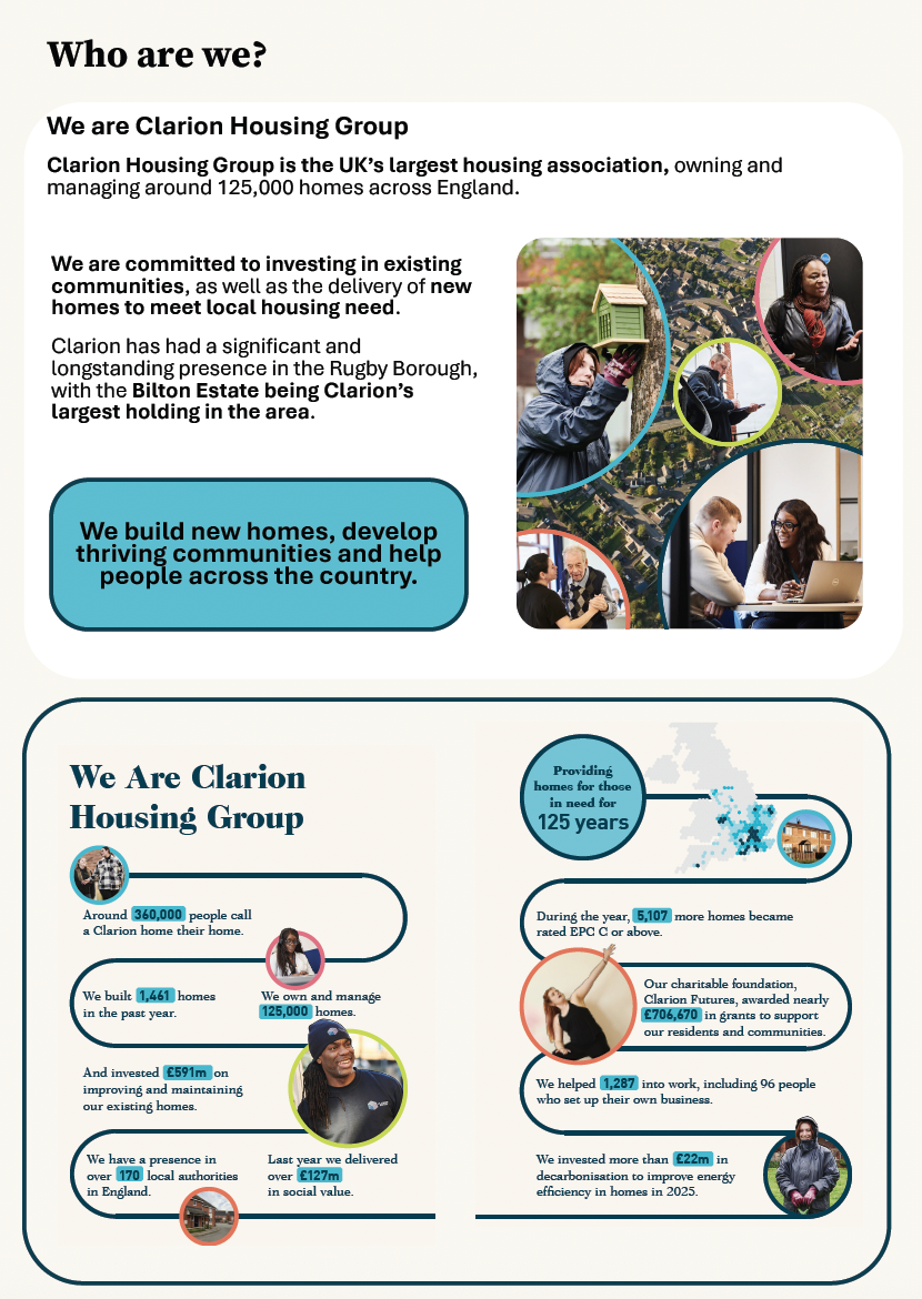 October 2026 consultation board headed Who are we?, with information about Clarion Housing Group, photographs and a diagram explaining its organisations.