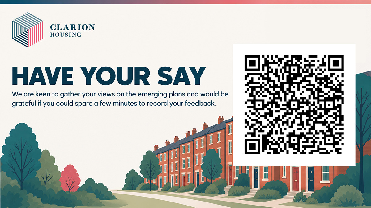 Clarion Housing Have your say banner, with illustrated red-brick homes and trees beside a QR code linking to the Bilton consultation survey.
